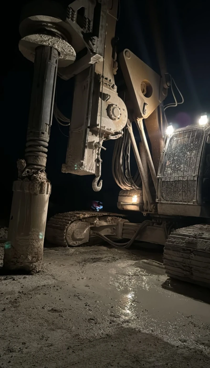Tren Maya · inclusiones rígidas · detalle de la perforadora durante trabajos nocturnos